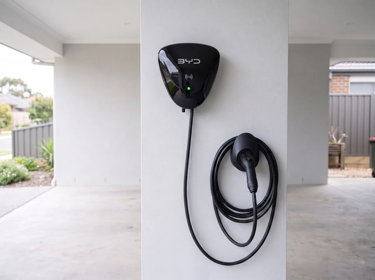An EV plugged in and charging in a home garage