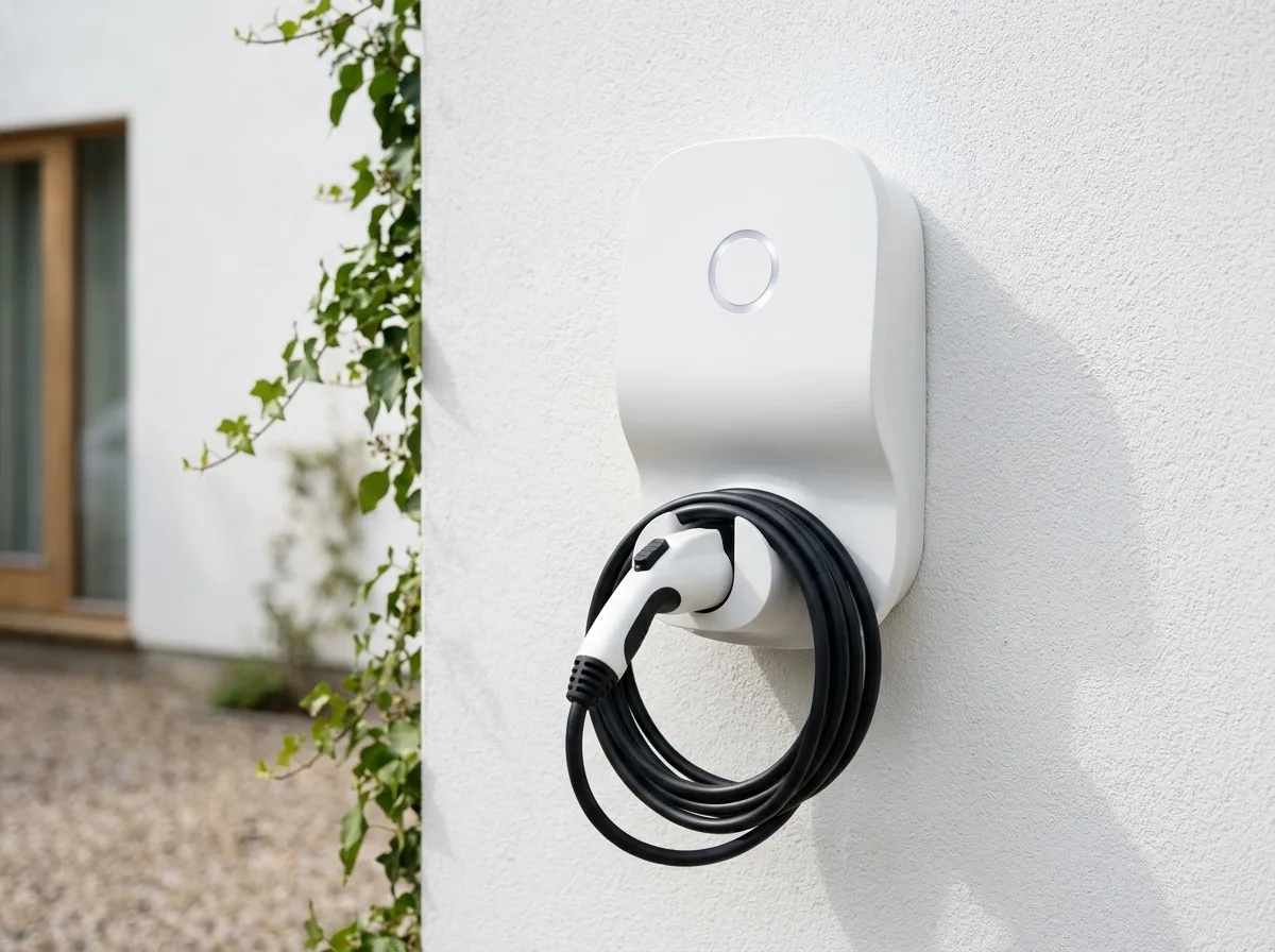 Wall-mounted EV charger with its cable coiled beside it