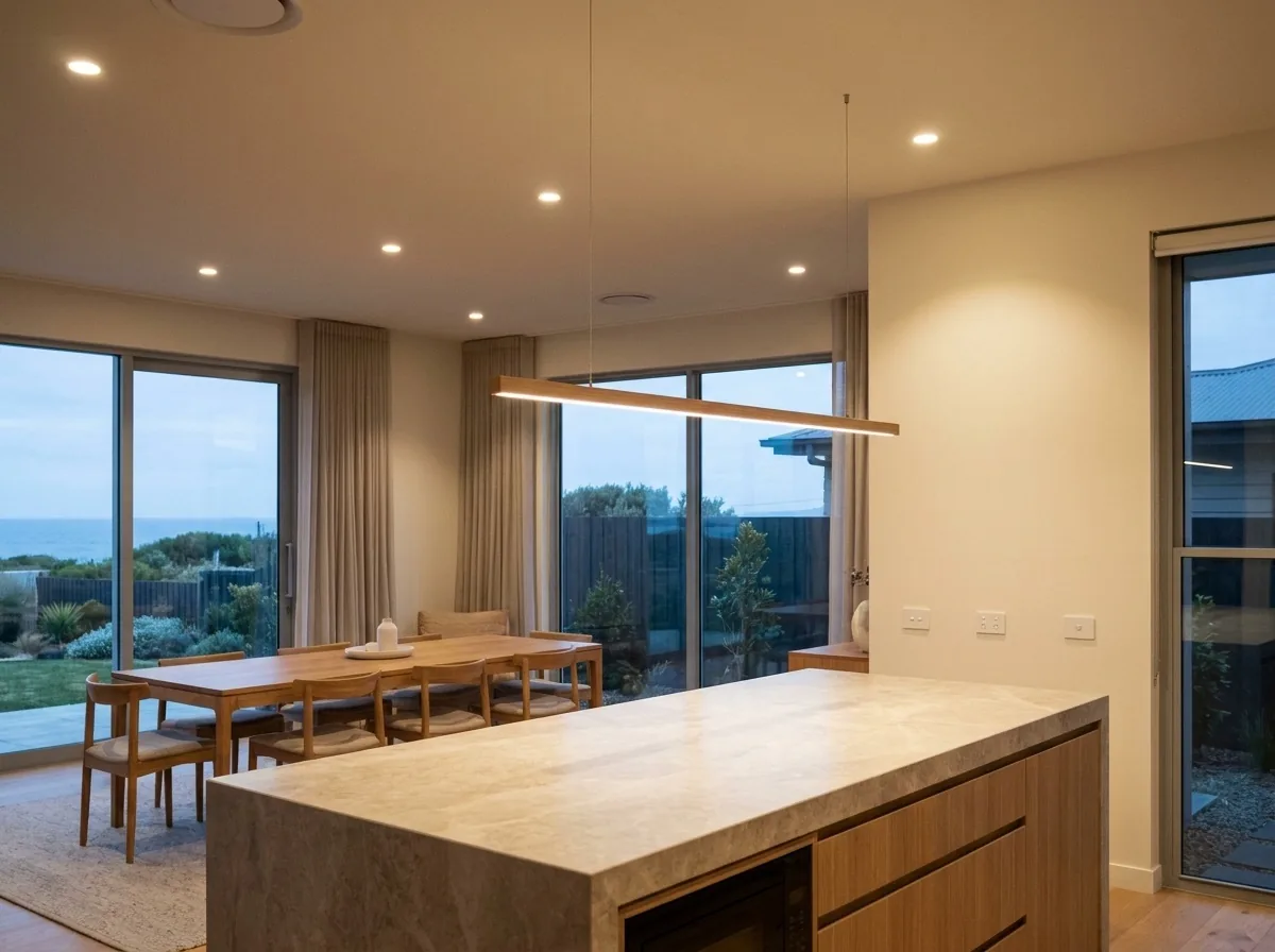 Warm downlights and feature lighting in a modern Sydney home