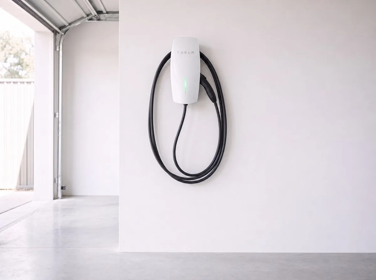 Tesla Wall Connector on a garage wall